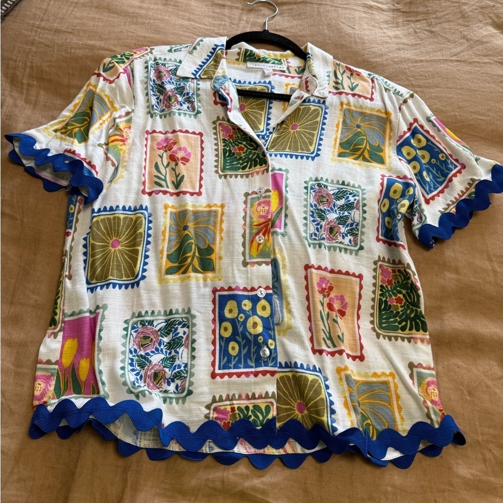 Floral linen blend vibrant button front short sleeve dad shirt